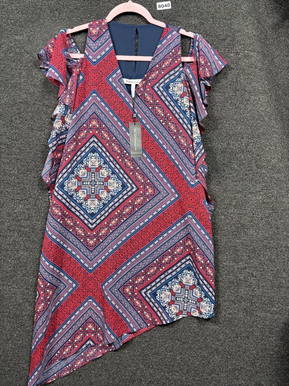 BCBGeneration Cold Shoulder Layered Dress Womens Size XS Red Multi V-Neck NEW